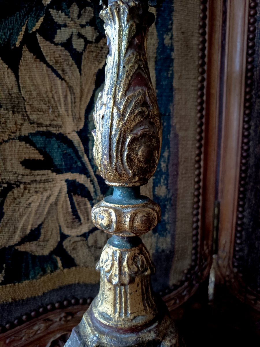Pair Of Carved, Stuccoed, And Gilded Wooden Candlesticks, Italy, 18th Century-photo-4