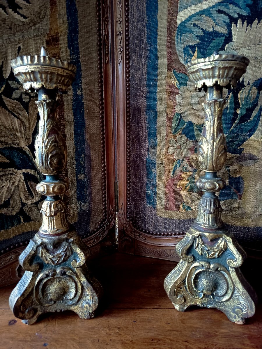 Pair Of Carved, Stuccoed, And Gilded Wooden Candlesticks, Italy, 18th Century-photo-5