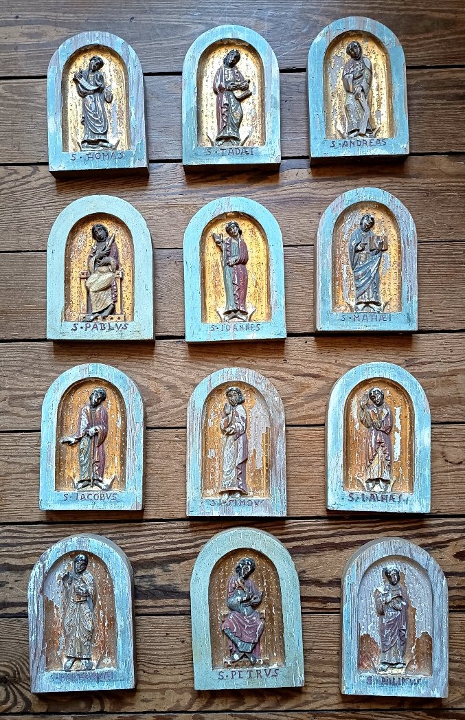 A Set Of Twelve Reliefs Of The Apostles, Carved From Wood, Polychromed, And Gilded, Late 19th–early 20th Century 