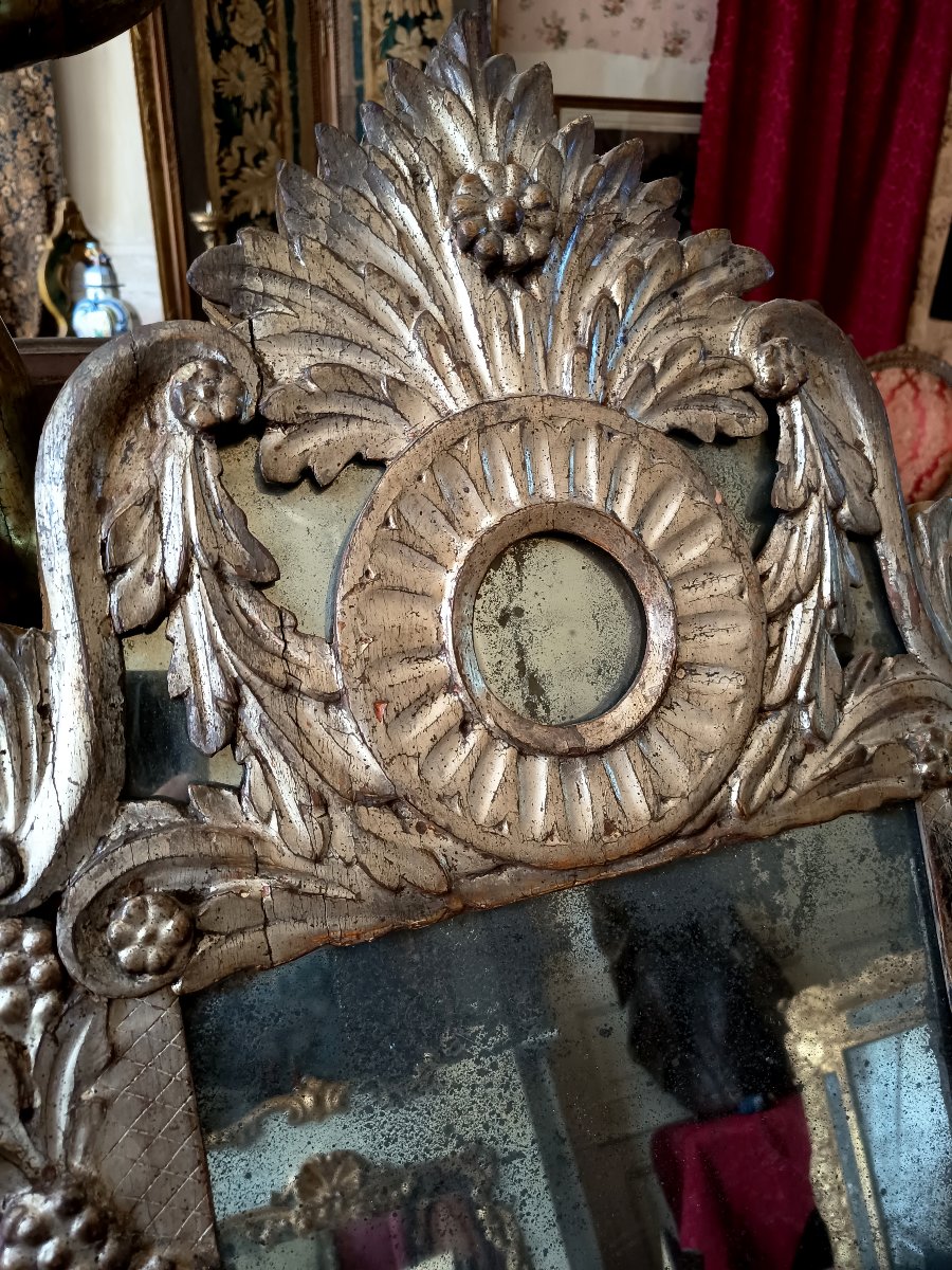  Double-pediment Mirror Made Of Carved Wood And Gilded With Silver Leaf, Northern Italy, Late 18th Century-photo-2