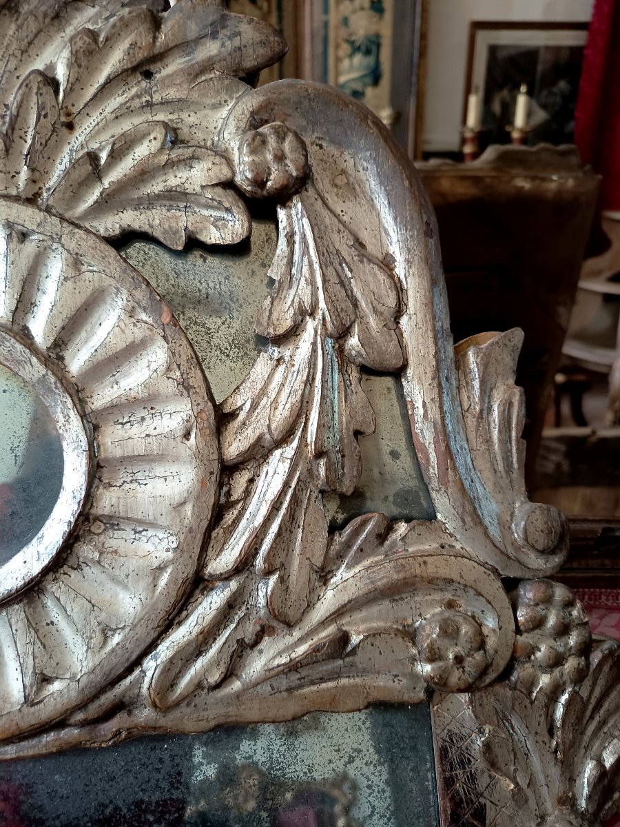  Double-pediment Mirror Made Of Carved Wood And Gilded With Silver Leaf, Northern Italy, Late 18th Century-photo-1