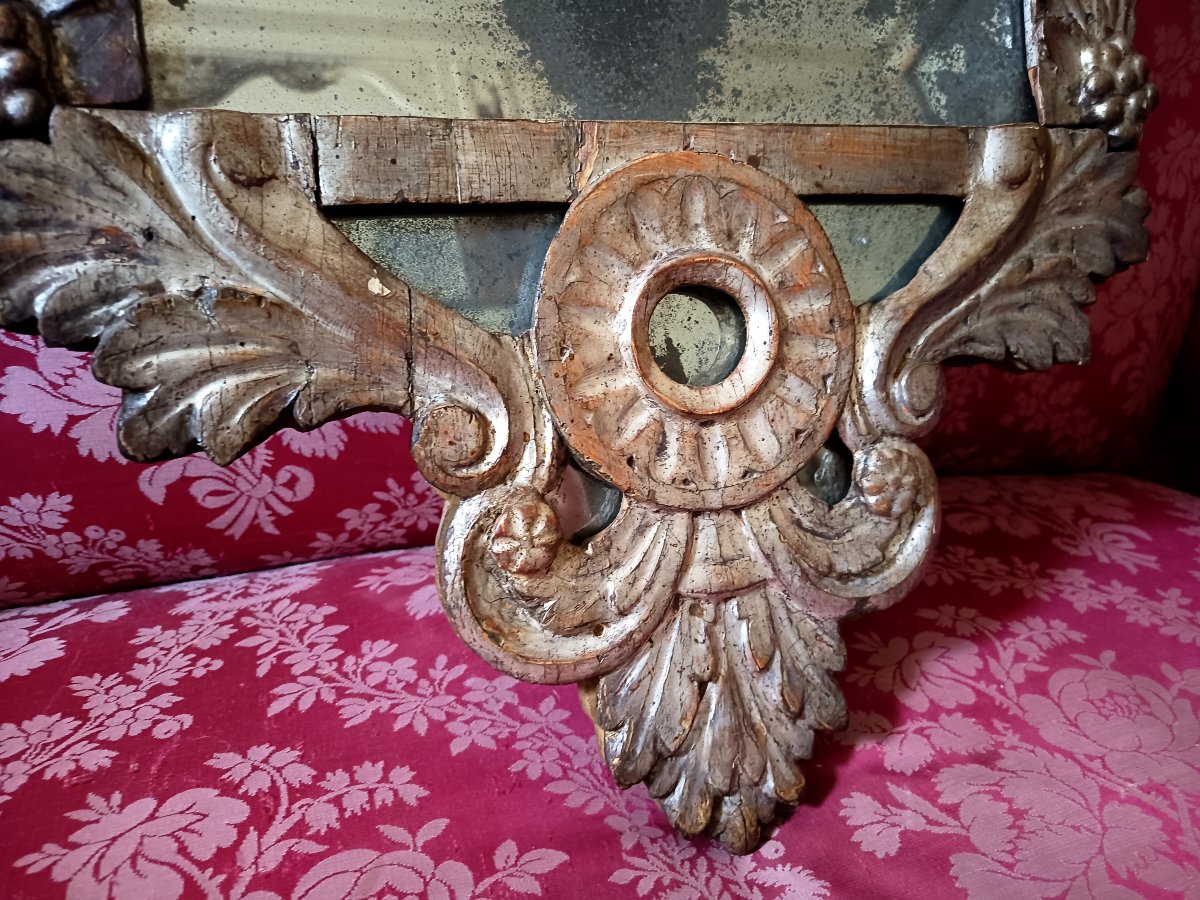  Double-pediment Mirror Made Of Carved Wood And Gilded With Silver Leaf, Northern Italy, Late 18th Century-photo-3
