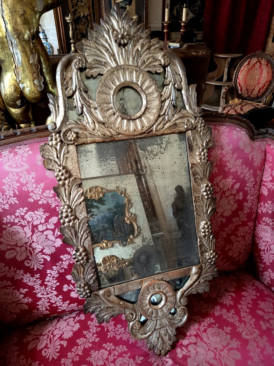  Double-pediment Mirror Made Of Carved Wood And Gilded With Silver Leaf, Northern Italy, Late 18th Century