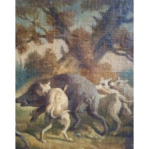 Four Small Marouflaged Canvases, Scenes Of Hunting Dogs