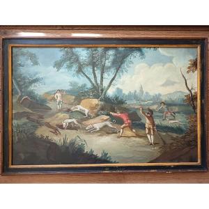 18th-century French School – Hare Hunt – Oil On Canvas 