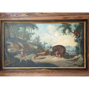 École française XVIIIᵉ – Chasse au sanglier – Huile sur toile 