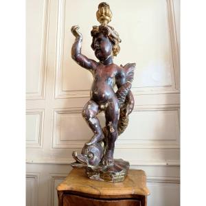 Putto On A Polychrome And Gilded Wooden Dolphin – Italy, Probably Liguria, 17th–18th Centuries