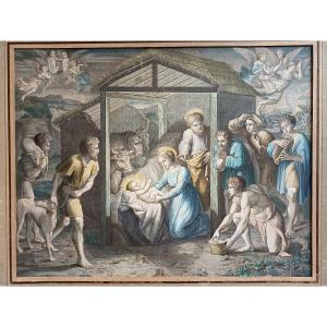 Watercolor Engraving, *the Adoration Of The Shepherds*, Based On The Vatican Tapestry From The Scuola Nuova