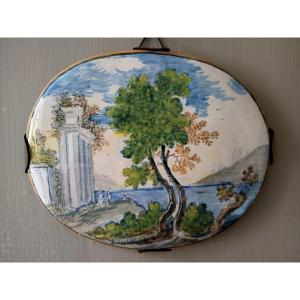 Castelli Earthenware Plate, Cappelletti Workshop, Landscape With Ancient Ruins, Late 19th Century