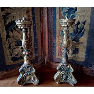 Pair Of Carved, Stuccoed, And Gilded Wooden Candlesticks, Italy, 18th Century