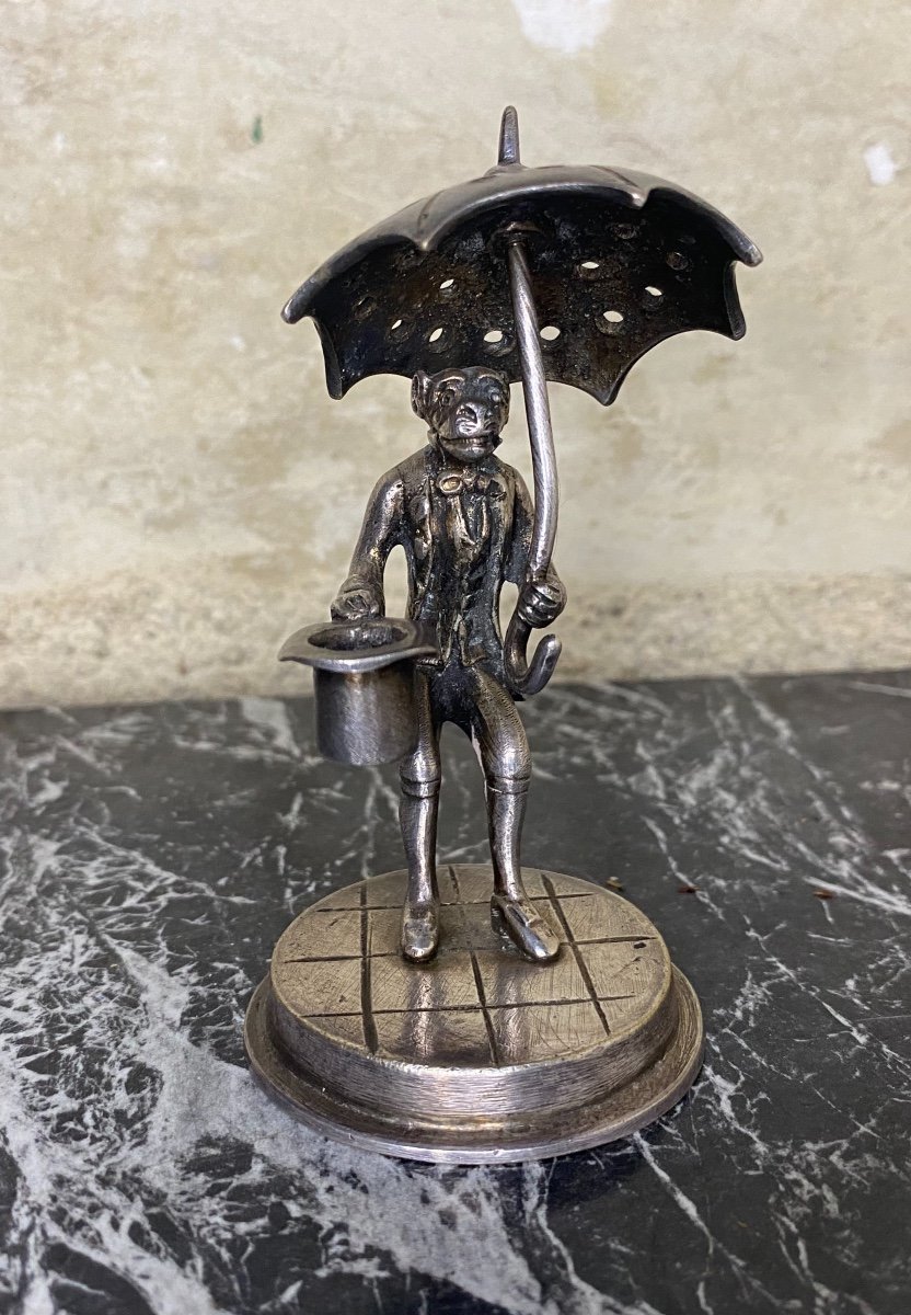 Singe à l'Ombrelle, Bronze Argenté, XIXème