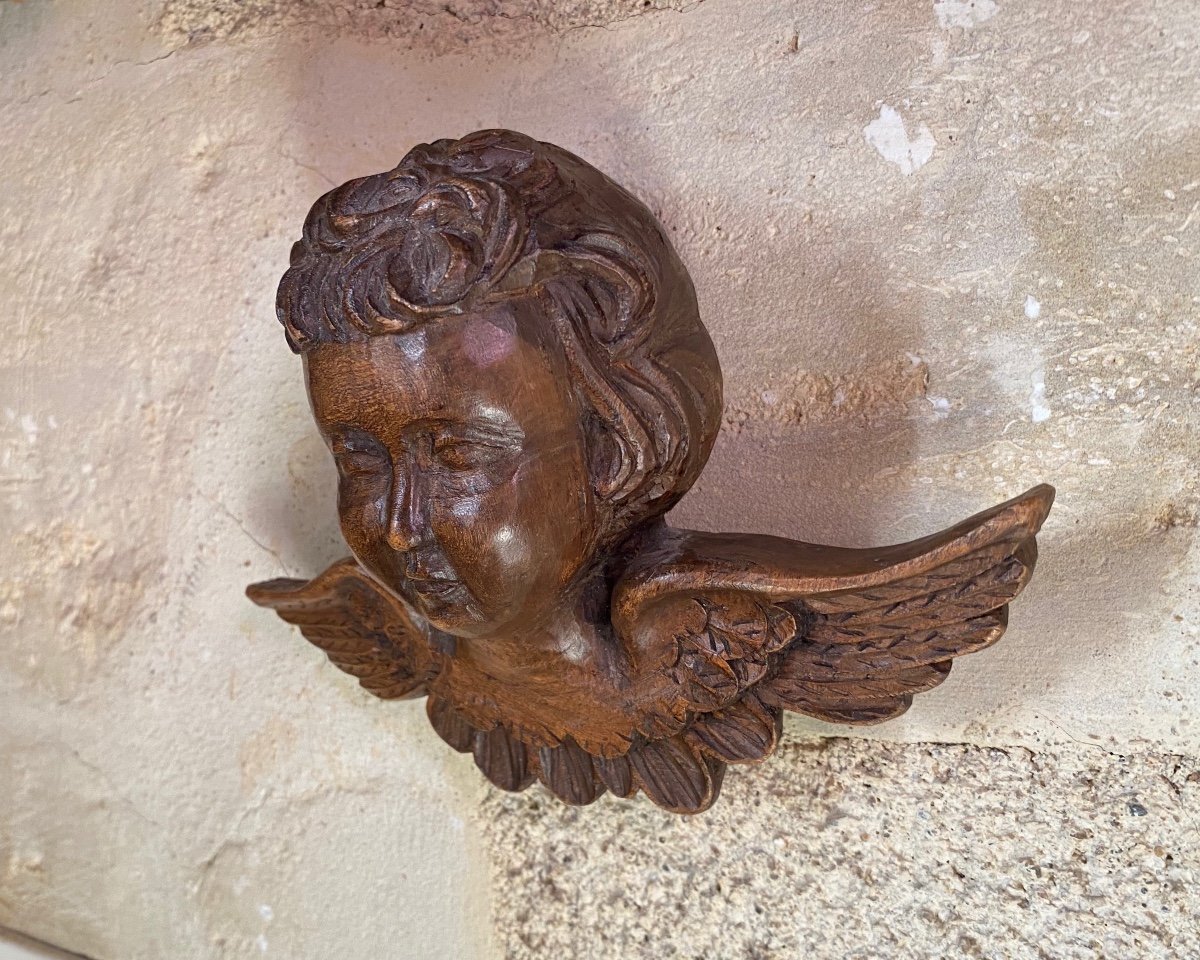 Angel Head In Carved Wood, 19th Century-photo-3