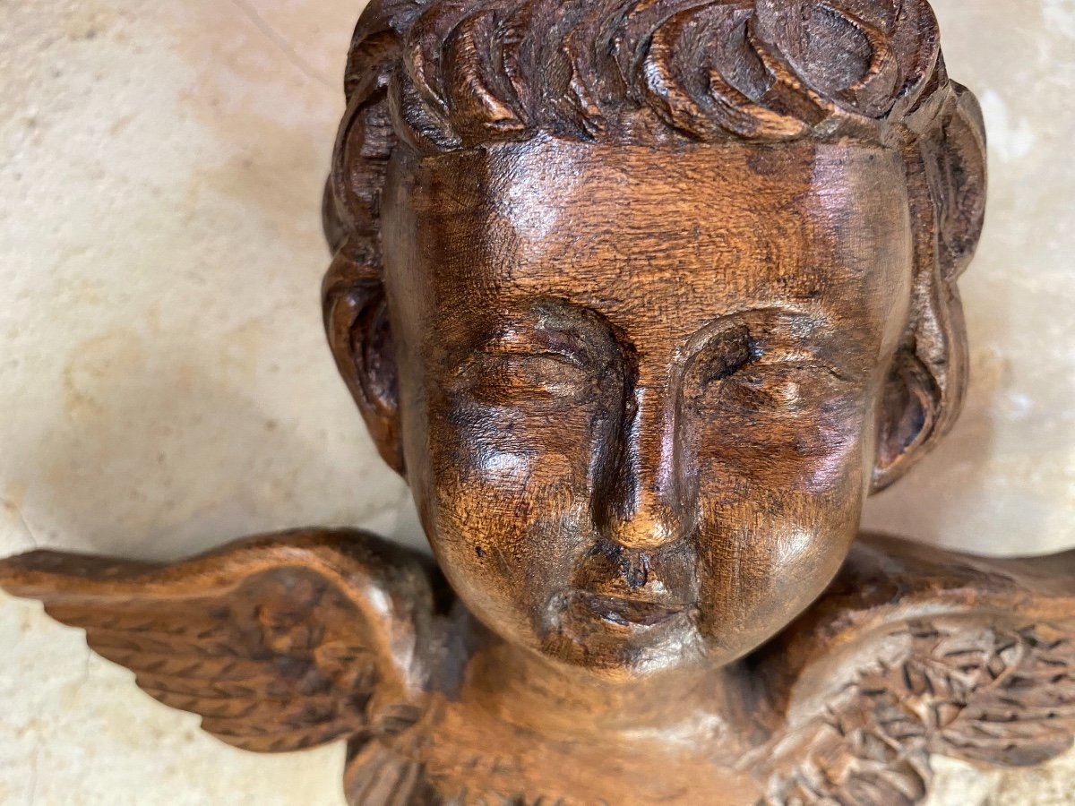 Angel Head In Carved Wood, 19th Century-photo-4