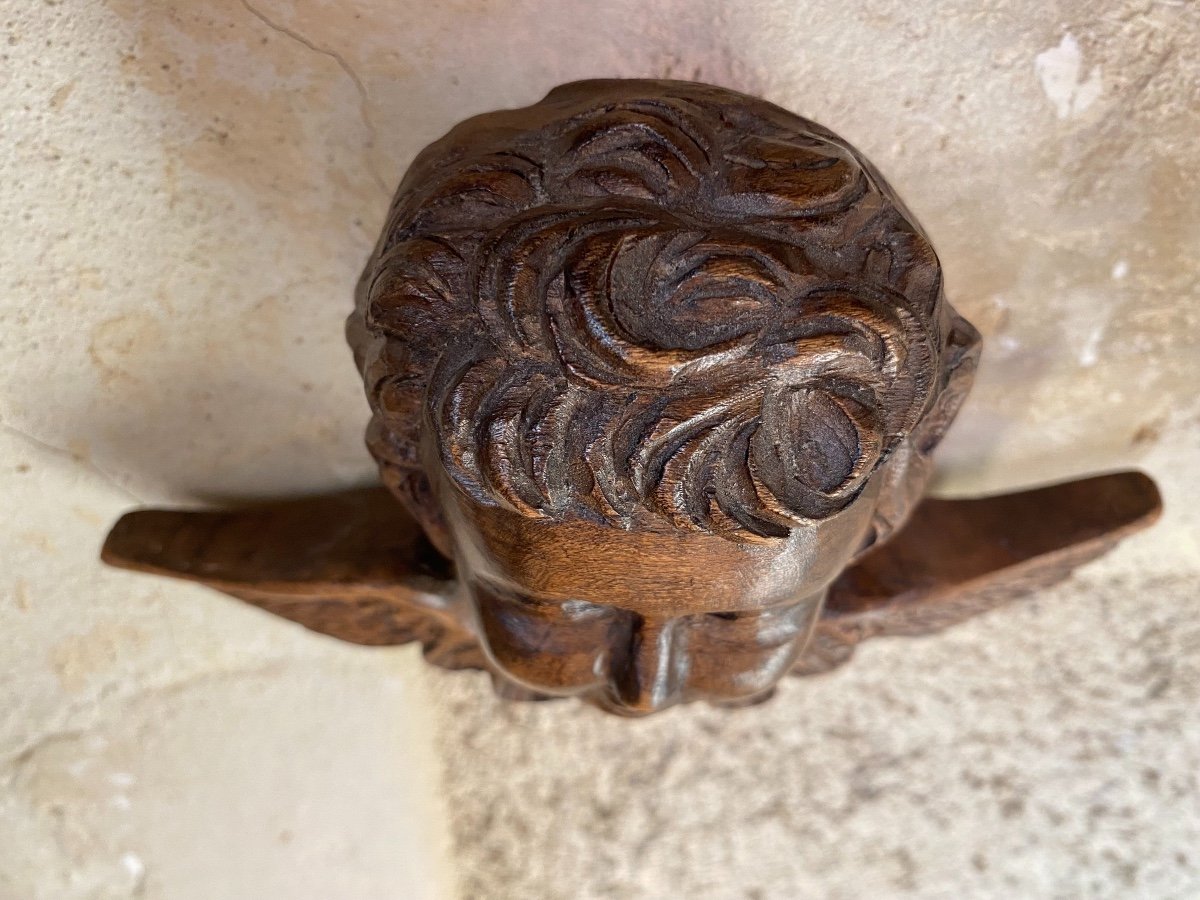 Angel Head In Carved Wood, 19th Century-photo-3