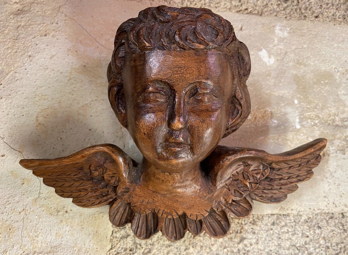 Angel Head In Carved Wood, 19th Century