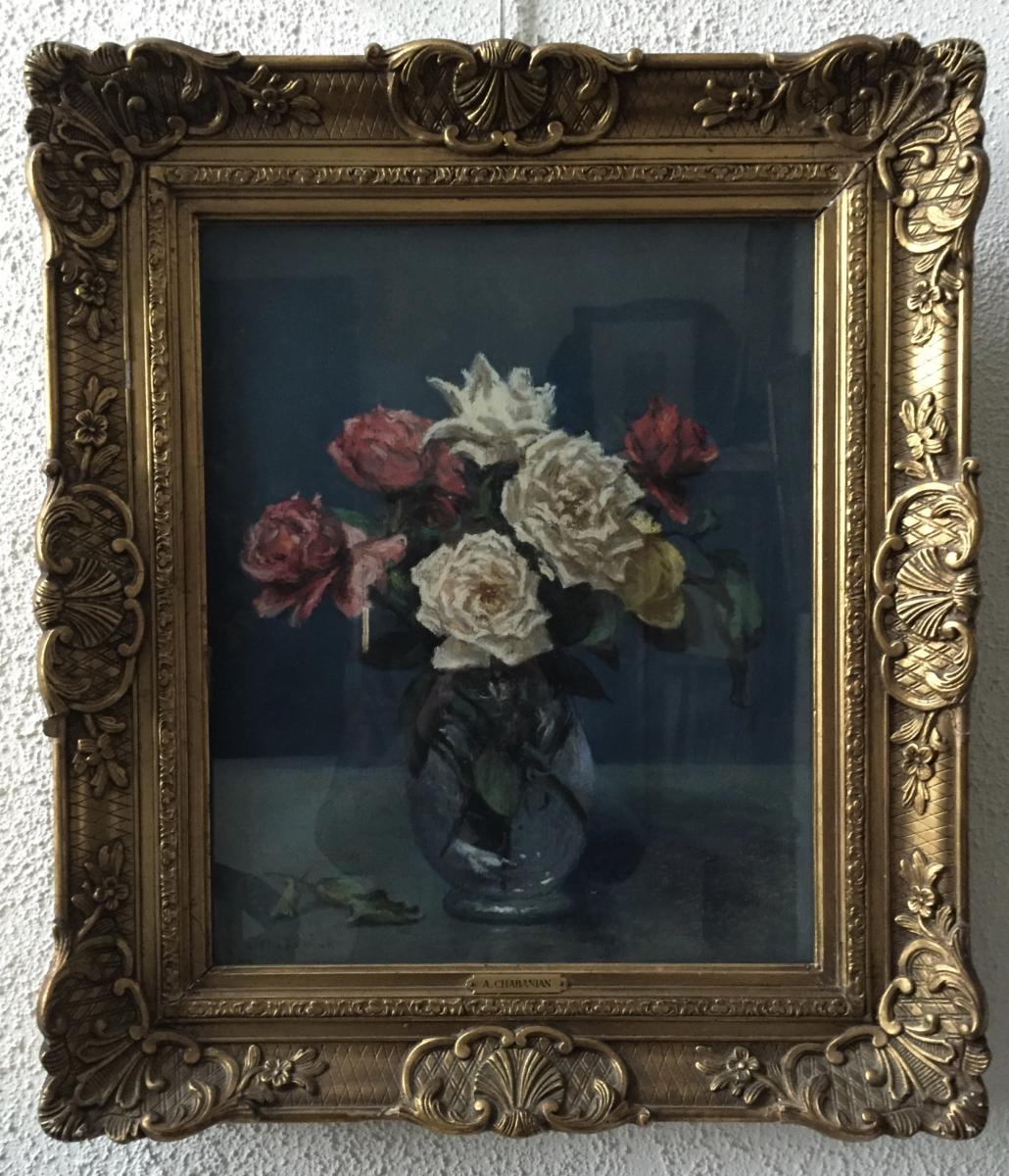 "bouquet Of Roses", Pastel By Arsène Chabanian (1864-1949)