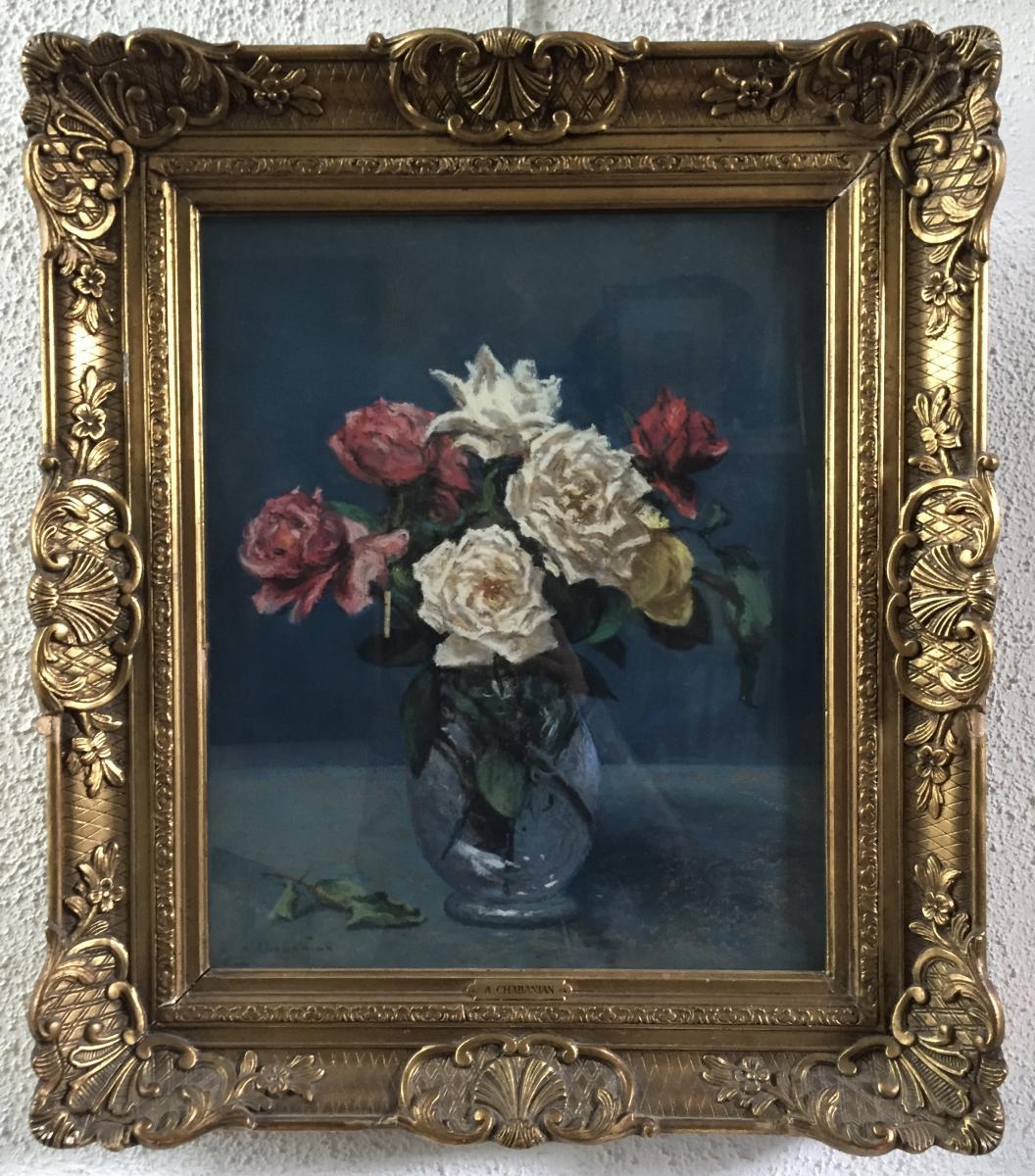 "bouquet Of Roses", Pastel By Arsène Chabanian (1864-1949)-photo-2