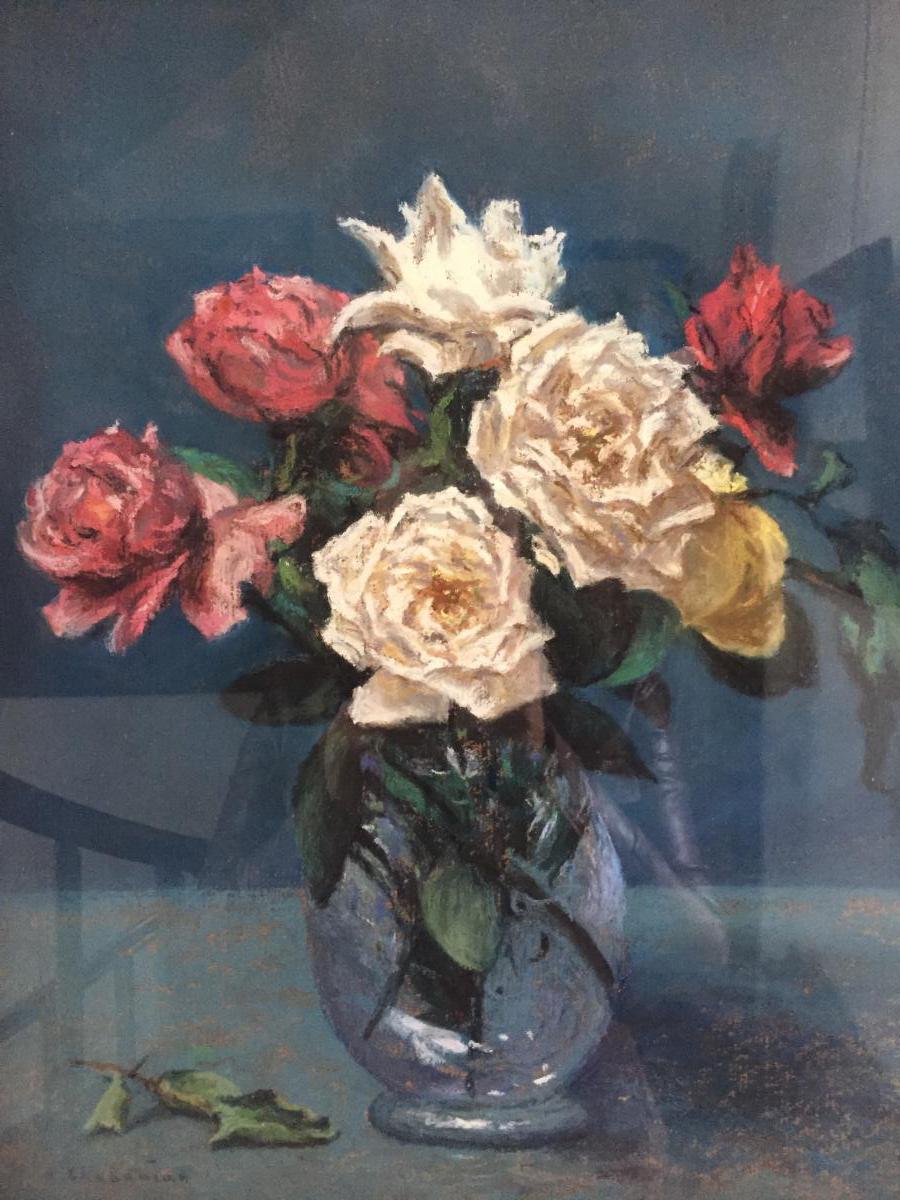 "bouquet Of Roses", Pastel By Arsène Chabanian (1864-1949)-photo-3