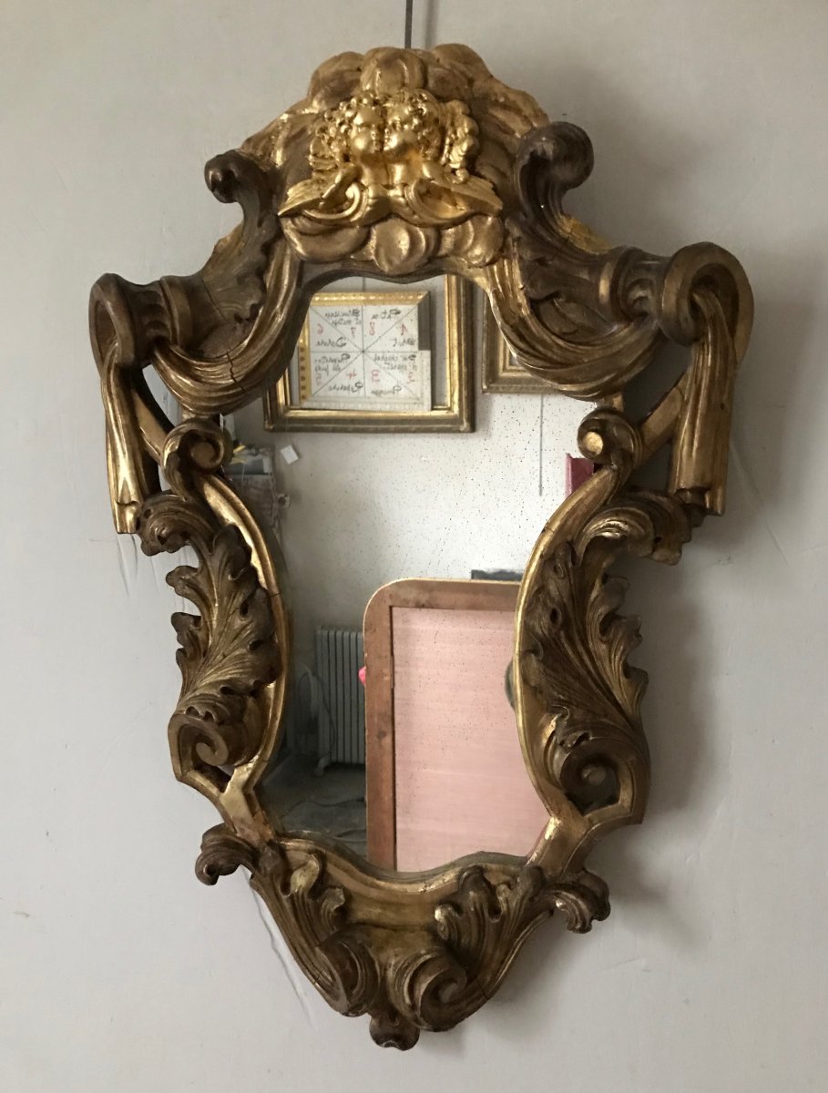 Miroir Aux Angelots, Doré à La Feuille d'Or,  XIXème