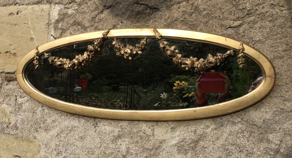 Miroir Ovale En Bois Sculpté Doré à La Feuille D’or, XIXème -photo-2