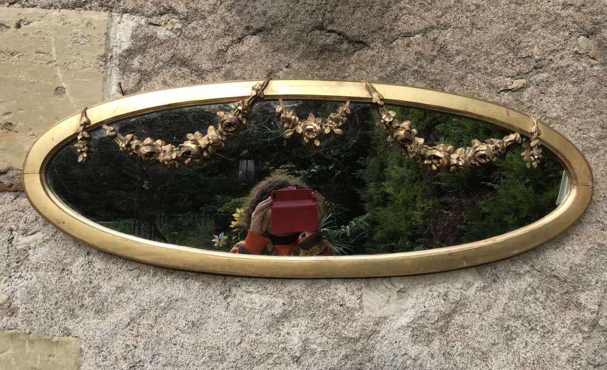 Miroir Ovale En Bois Sculpté Doré à La Feuille D’or, XIXème -photo-3