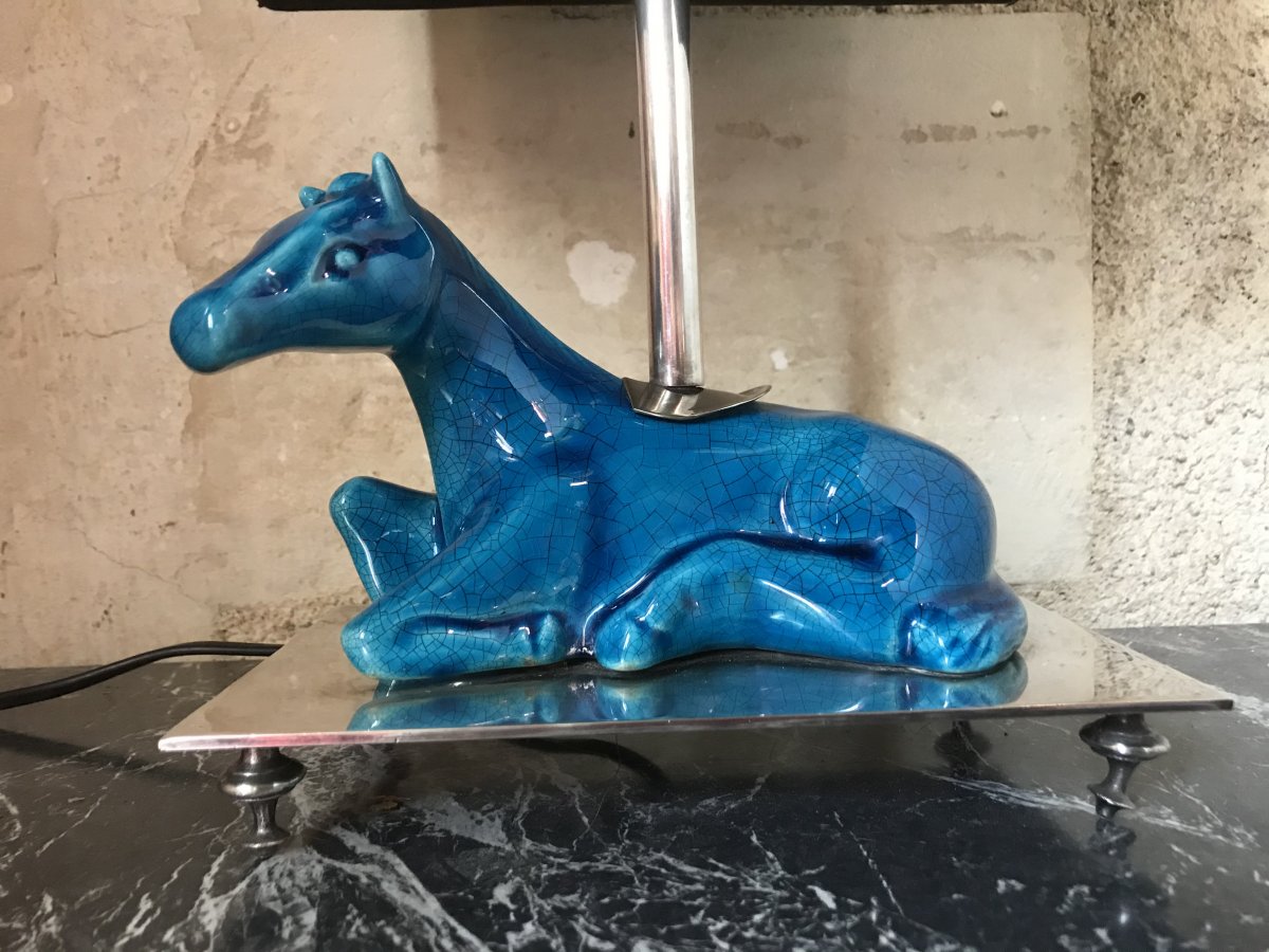 Horse Lamp In Cracked Blue Ceramic, Middle Twentieth-photo-1