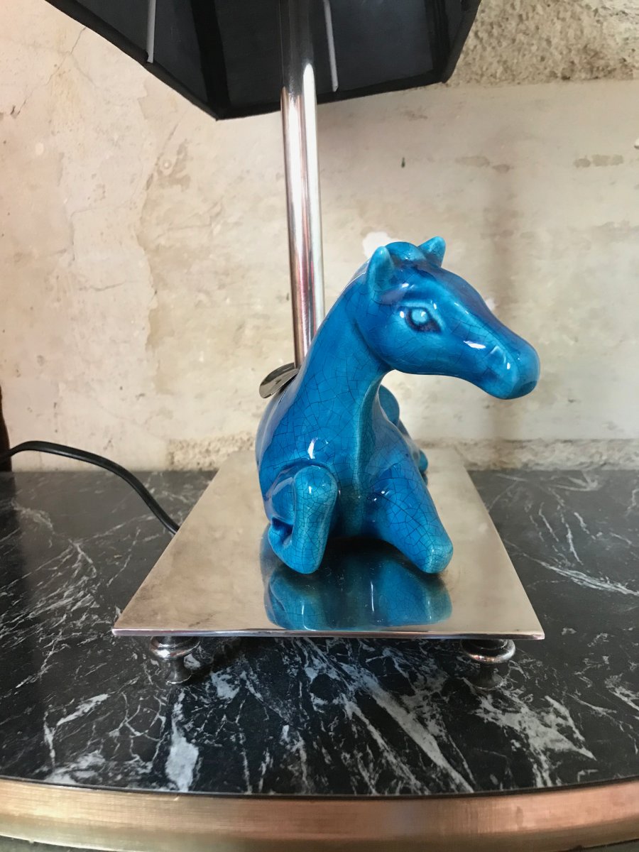 Horse Lamp In Cracked Blue Ceramic, Middle Twentieth-photo-2