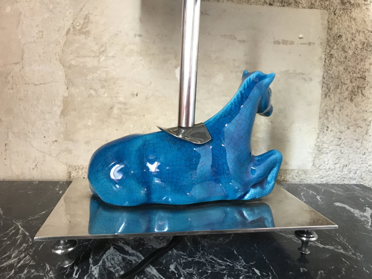 Horse Lamp In Cracked Blue Ceramic, Middle Twentieth-photo-3