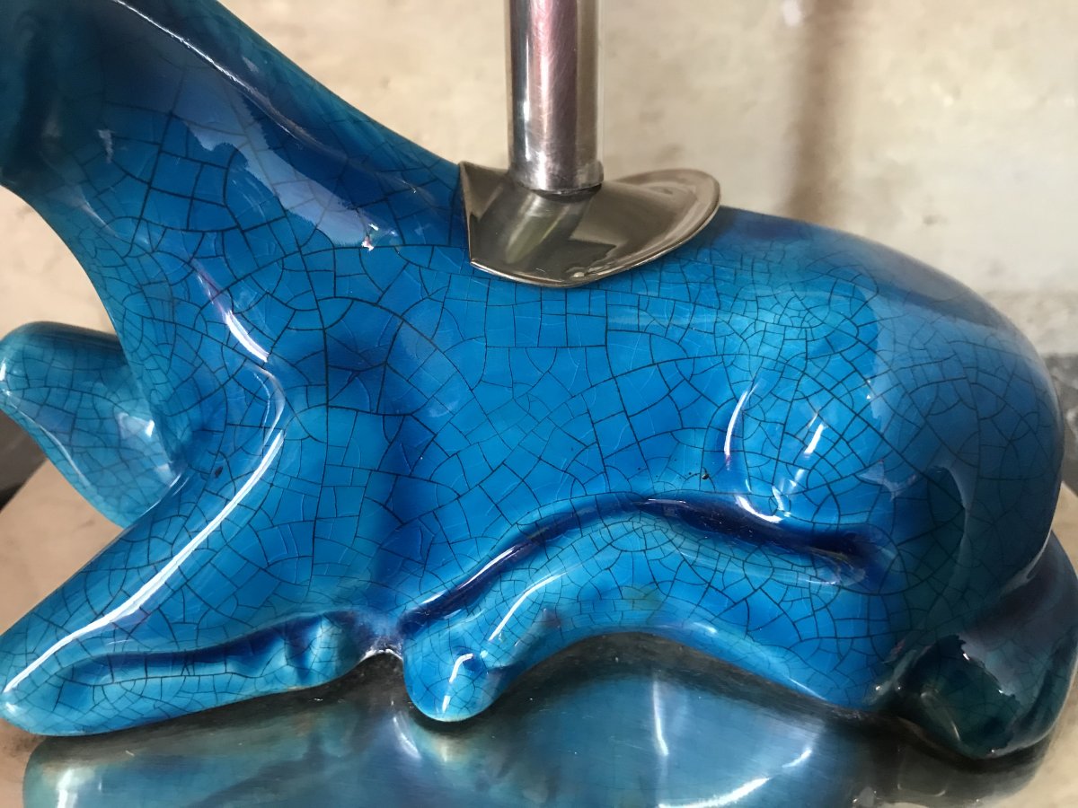 Horse Lamp In Cracked Blue Ceramic, Middle Twentieth-photo-6