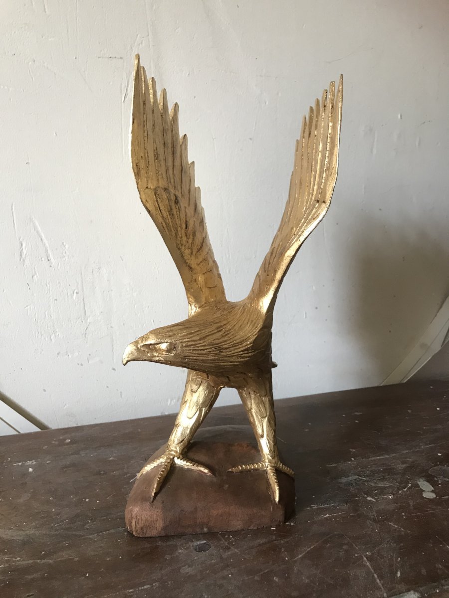 Carved And Golden Wood Eagle, Middle Twentieth-photo-2