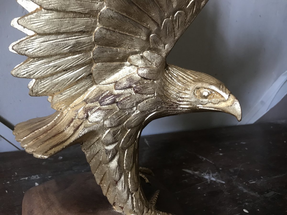 Carved And Golden Wood Eagle, Middle Twentieth-photo-1