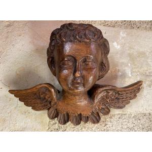 Angel Head In Carved Wood, 19th Century