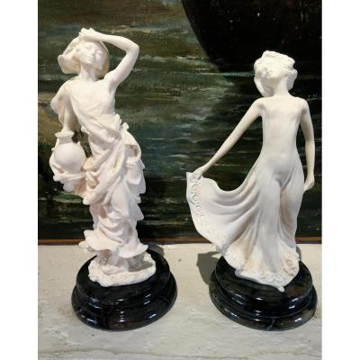 Pair Of Sculpture Art Deco In Alabaster