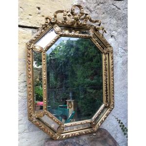 Miroir Octogonal à parecloses Doré à La Feuille d'Or XIXème, 115 X 83 Cm