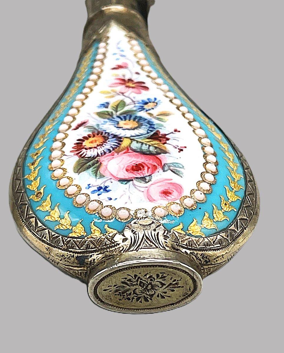 Flacon à parfum français d'époque en argent doré et émail peint à la main-photo-2