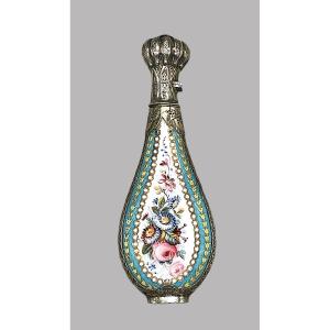 Flacon à parfum français d'époque en argent doré et émail peint à la main