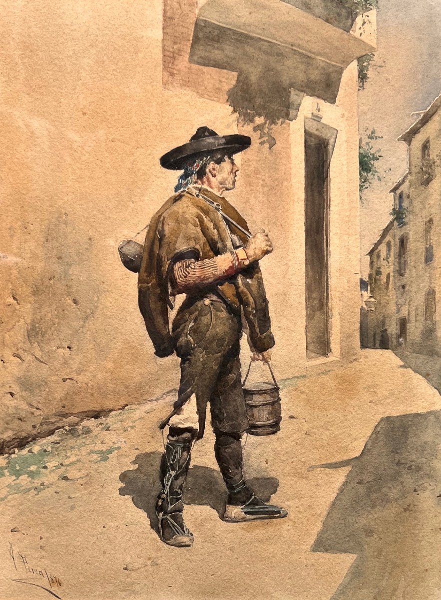 Alfredo Perea Y Rojas (1839-1895) Two Watercolors Spain Madrid Spanish Peasant Couple-photo-2