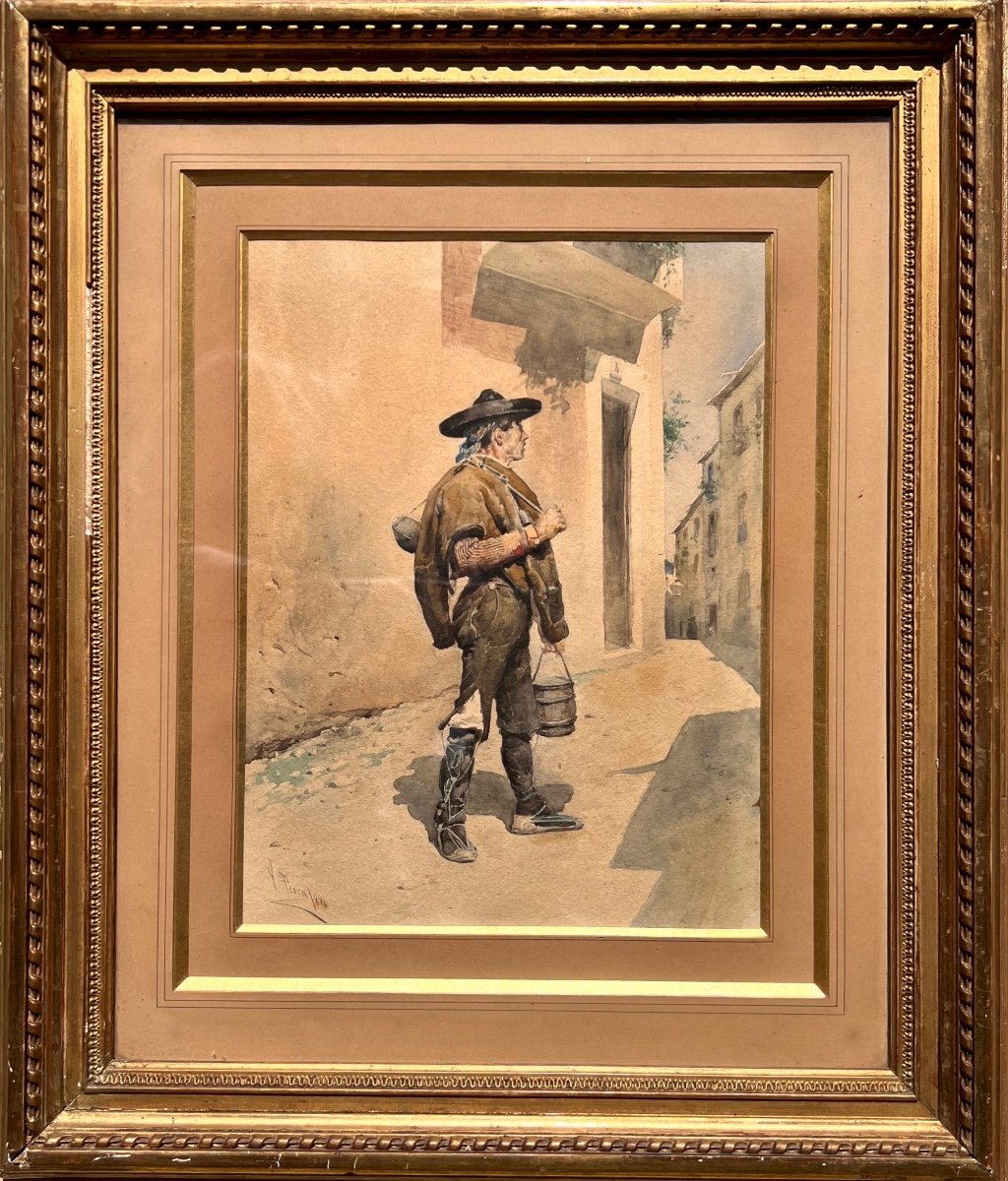 Alfredo Perea Y Rojas (1839-1895) Two Watercolors Spain Madrid Spanish Peasant Couple-photo-3