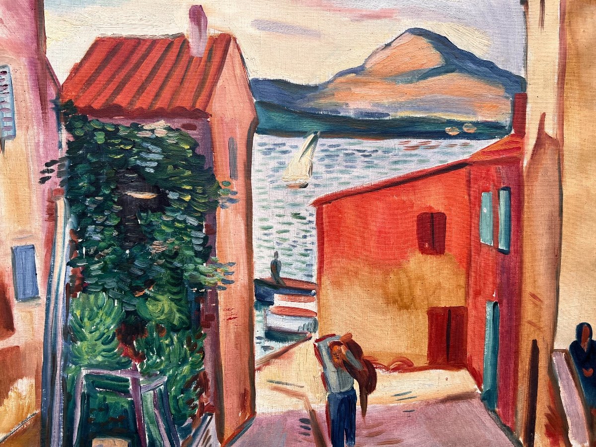 Lazlo Barta (1902-1961) Hongrois Paris Ruelle Vers Le Port De La Ponche à Saint-tropez -photo-3