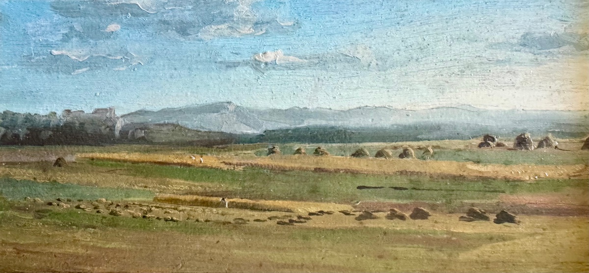 Ecole Française fin XIXème Huile sur papier Paysage de campagne animé
