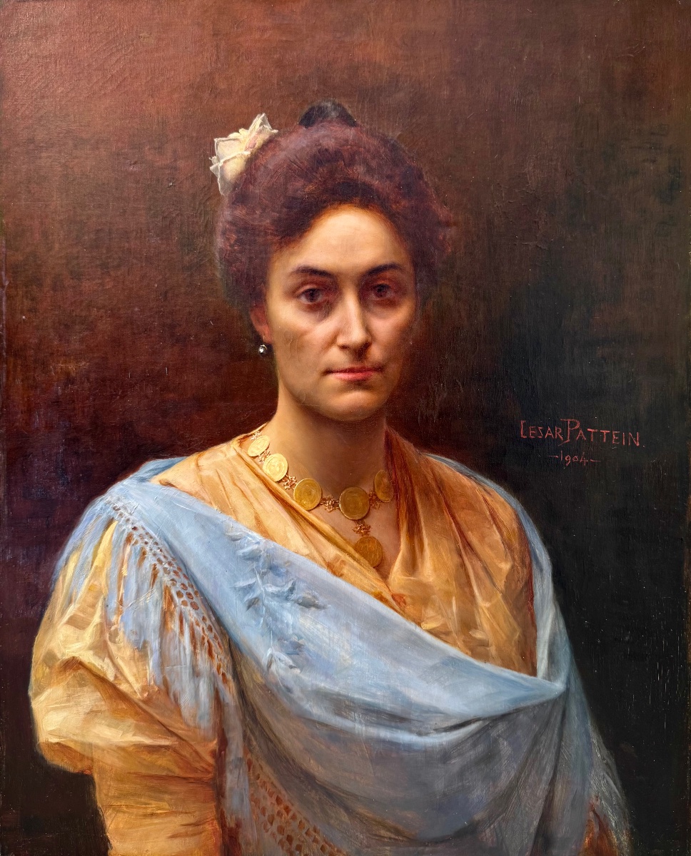 César Pattein (1850-1931) Steenvoorde Hazebrouck Portrait de femme au collier en or 1904