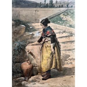 Alfredo Perea Y Rojas (1839-1895) Two Watercolors Spain Madrid Spanish Peasant Couple