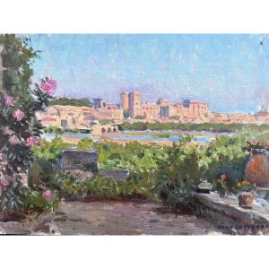 Jean Lefeuvre (1882-1974)-provence Panorama Of Avignon From Villeneuve