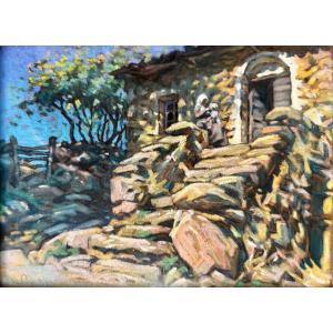 Marcel Poggioli (1882-1969) Scène de maternité devant une maison en Corse