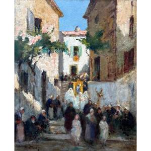 Charles Vionnet (1858-1923) Provence Avignon La Fête-Dieu au vieux village des Angles