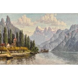 William Baptiste Baird (1849-1929) Peintre américain Vue de Vevey et le lac de Genève en Suisse