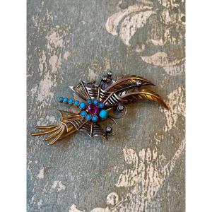 Broche Papillon En Or Jaune, Rubis Et Turquoise, 1940