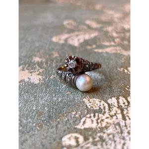 Bague “toi Et Moi” En Or, Diamants Et Perle, Debut XX Siècle 