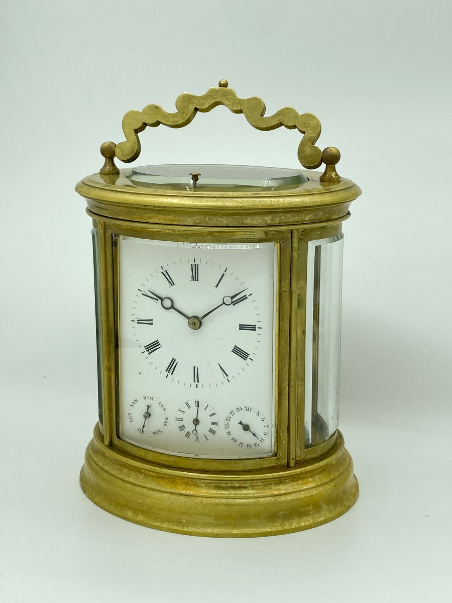 Rare Oval Carriage Clock With Calendars, Petite & Grande Sonnerie And Alarm, 19th Century-photo-2