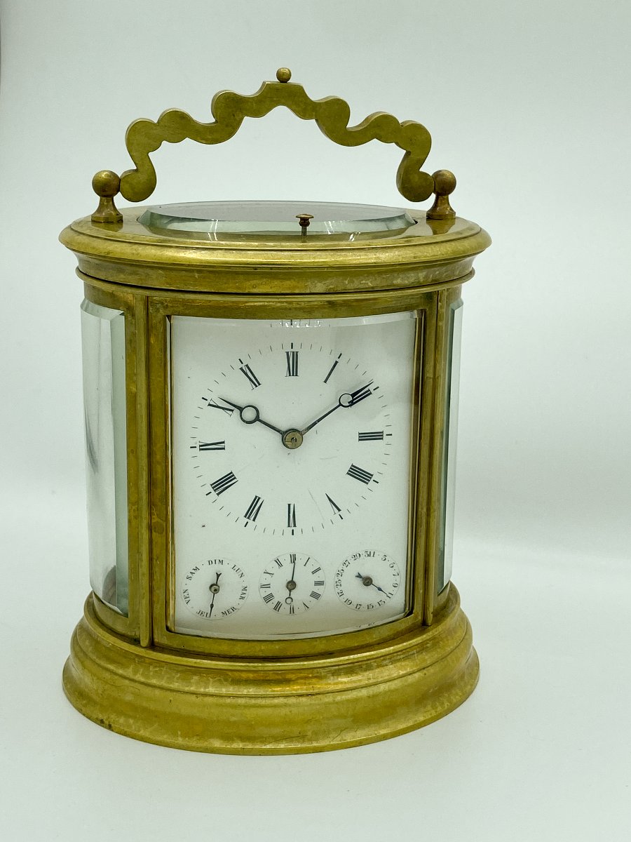 Rare Oval Carriage Clock With Calendars, Petite & Grande Sonnerie And Alarm, 19th Century-photo-4